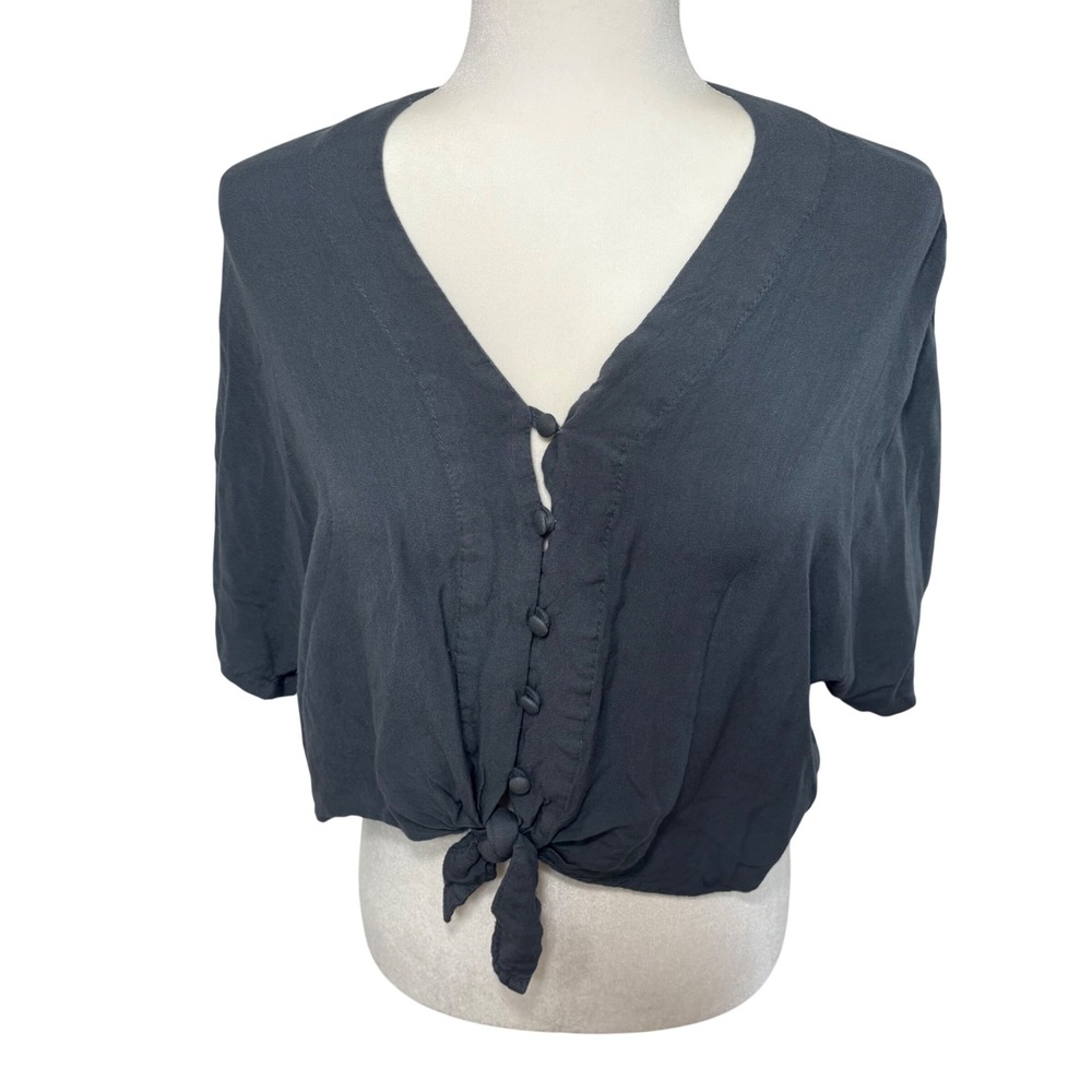 Sim & Sam Button Front Tie Hem Top Blue Small Boho V-Neck Womens Small Casual